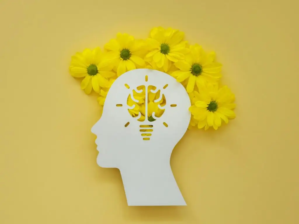 Kopfsilhouette mit Blumen und einer Glühbirne als Sinnbild für ein Wachstums-Mindset