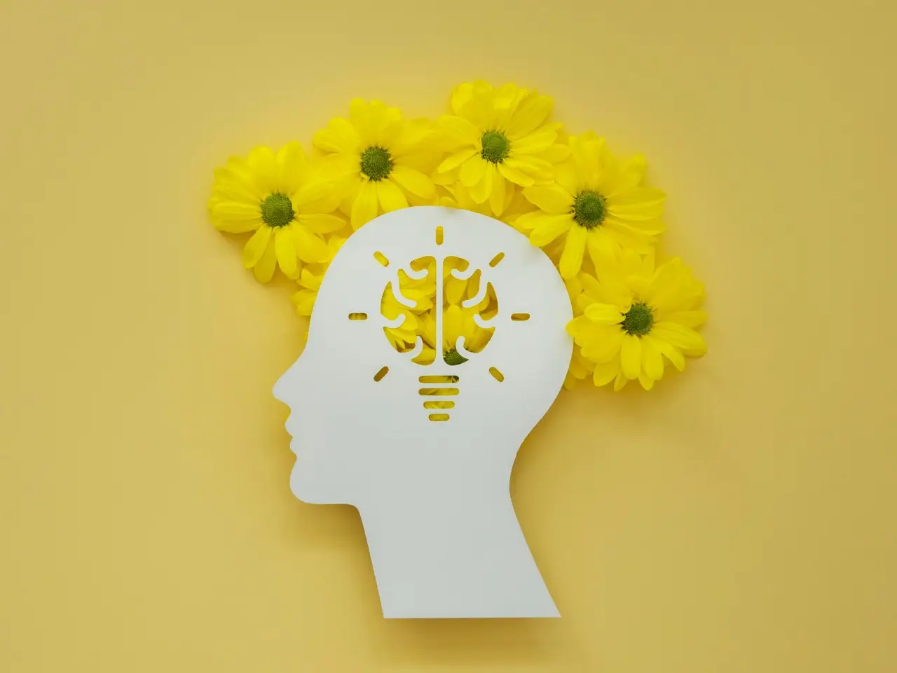 Kopfsilhouette mit Blumen und einer Glühbirne als Sinnbild für ein Wachstums-Mindset