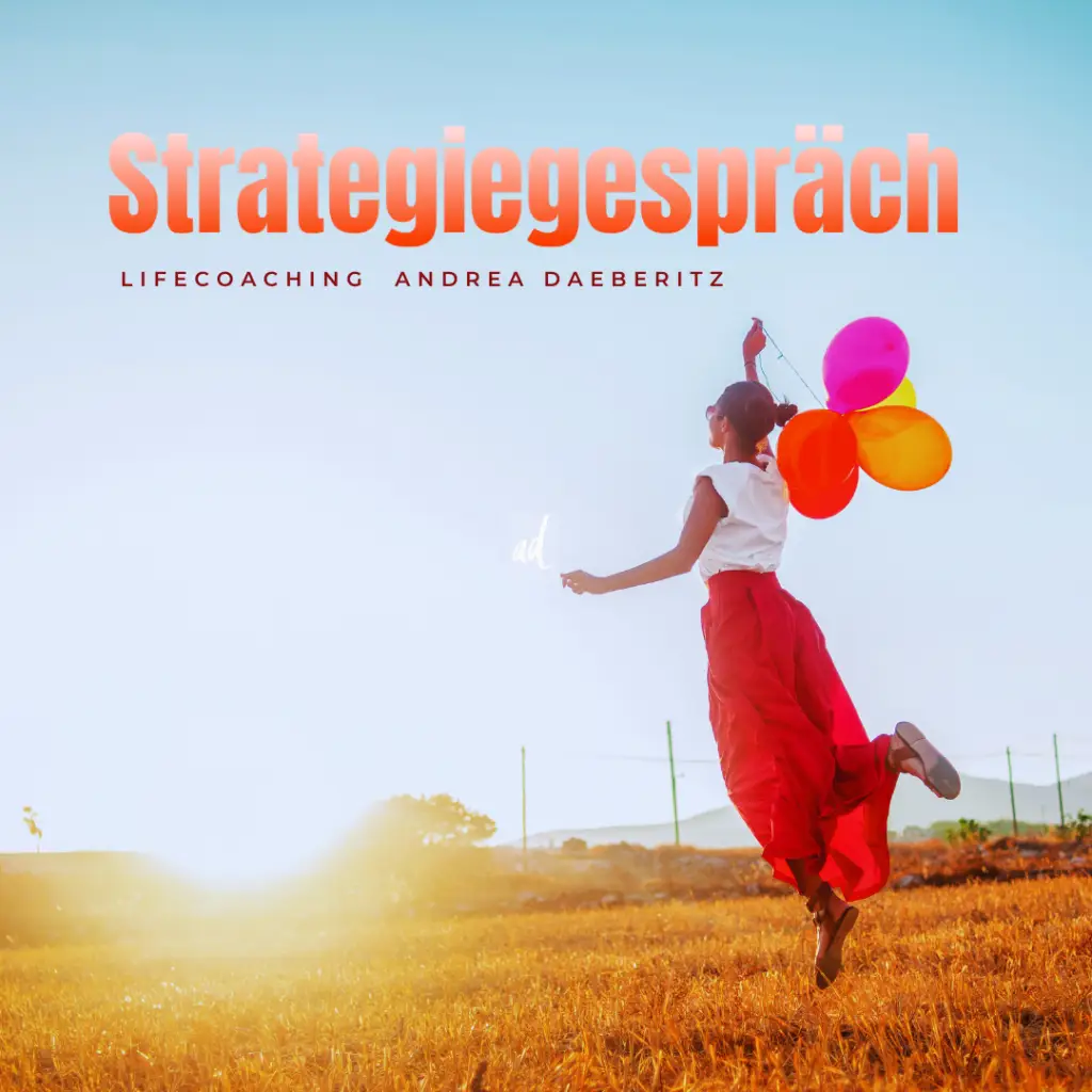 Frau im roten Kleid läuft mit bunten Luftballons über ein Feld, Schriftzug „Strategiegespräch“