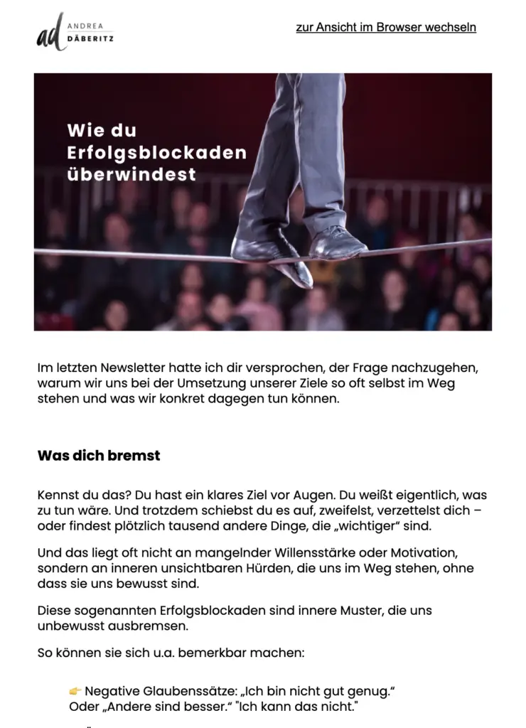 Bildschirmfoto eines Beitrags „Wie du Erfolgsblockaden überwindest“
