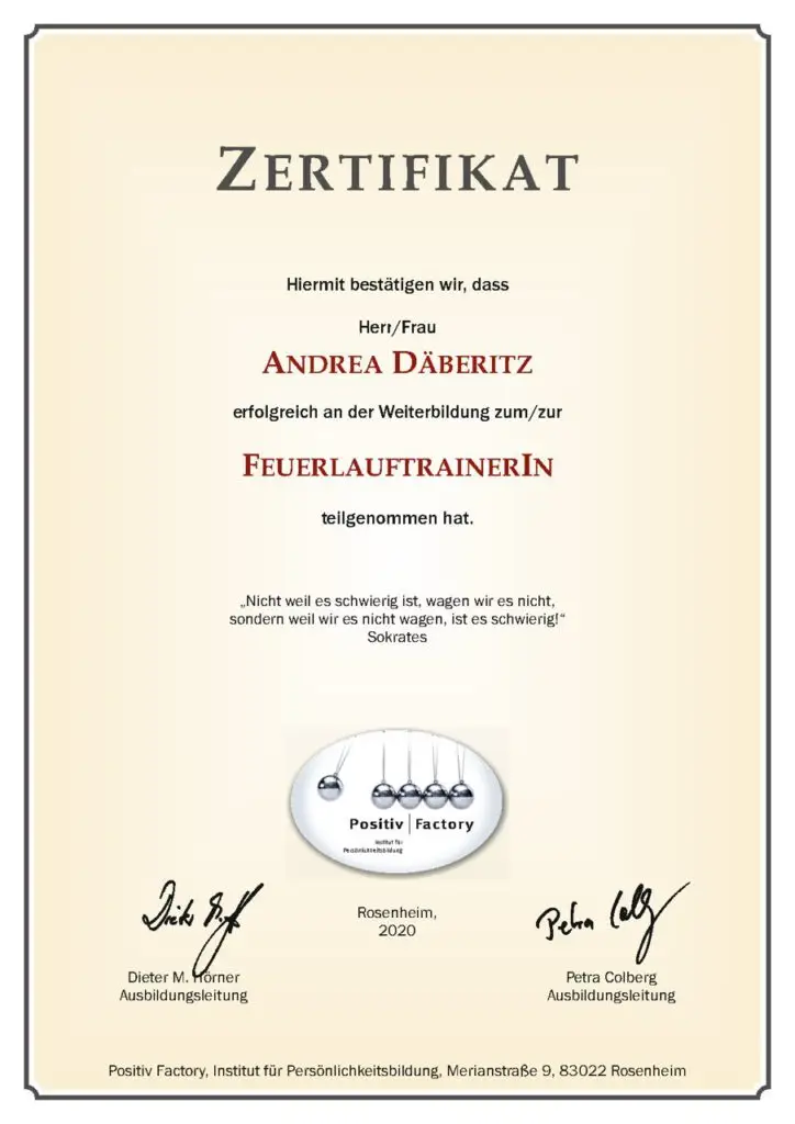 Zertifikat als Feuerlauf-Trainerin für Andrea Däberitz