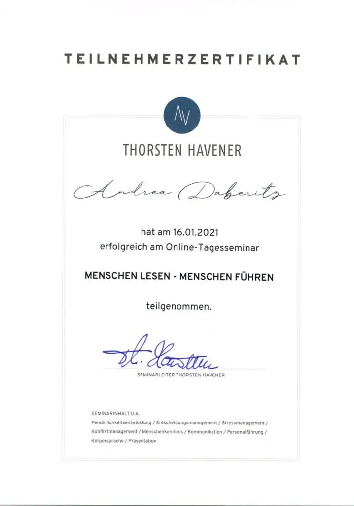 Teilnahmezertifikat zum Online-Seminar Körpersprache bei Michael Havener