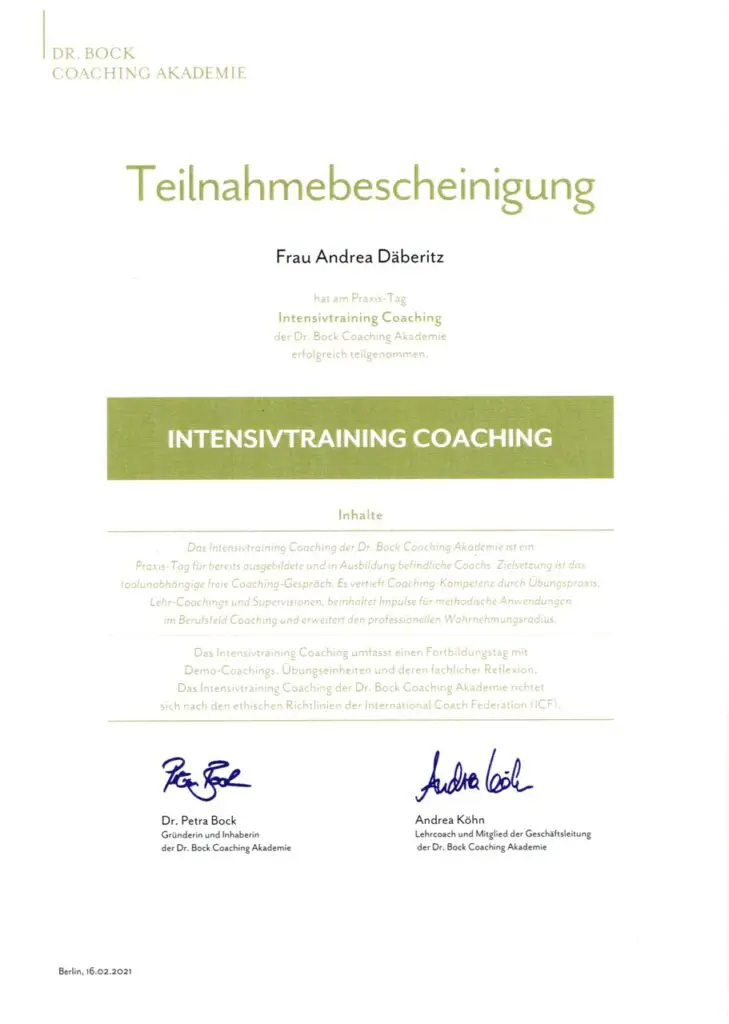 Teilnahmebescheinigung zum DBCA-Intensivtraining Life Coaching