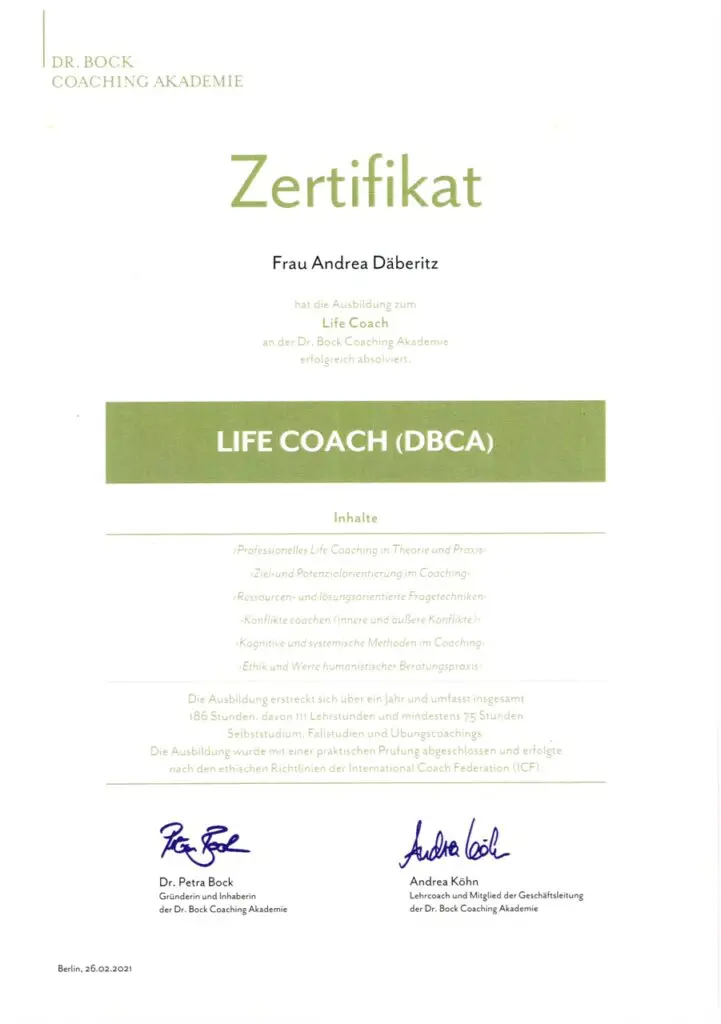 Zertifikat als Life Coach (DBCA) für Andrea Däberitz