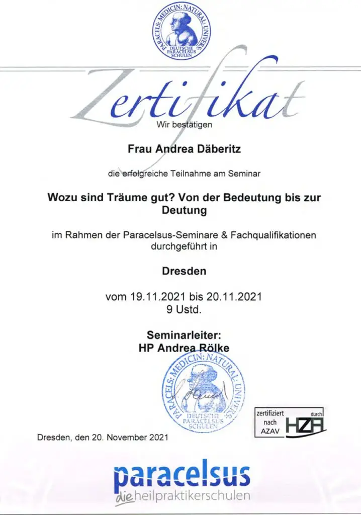 Zertifikat zur Traumdeutung der Paracelsus Schule für Andrea Däberitz