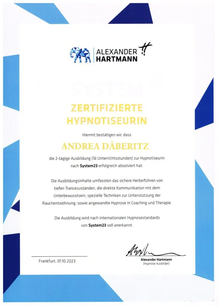 Zertifikat im Bereich Hypnose für Andrea Däberitz