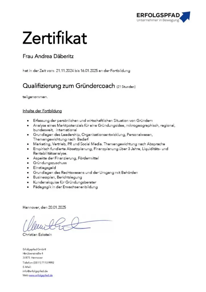 Zertifikat als Gründercoach für Andrea Däberitz
