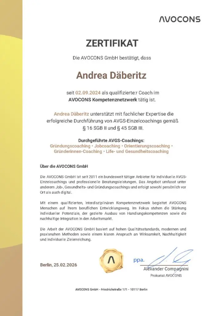 Coaching-Zertifikat von Andrea Däberitz