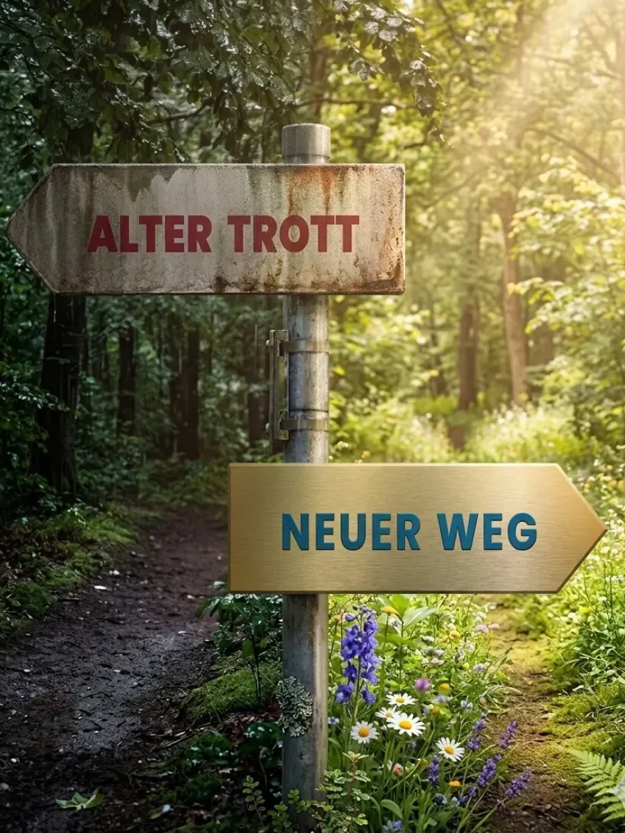 Wegweiser an einem Waldweg zeigt zwischen „Alter Trott“ und „Neuer Weg“